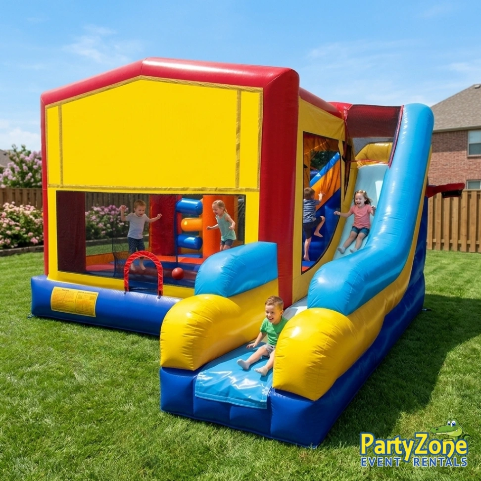 Add-a-Theme Modular 7-in-1 combo bounce house rental for River Ridge LA community events, holds 12 kids