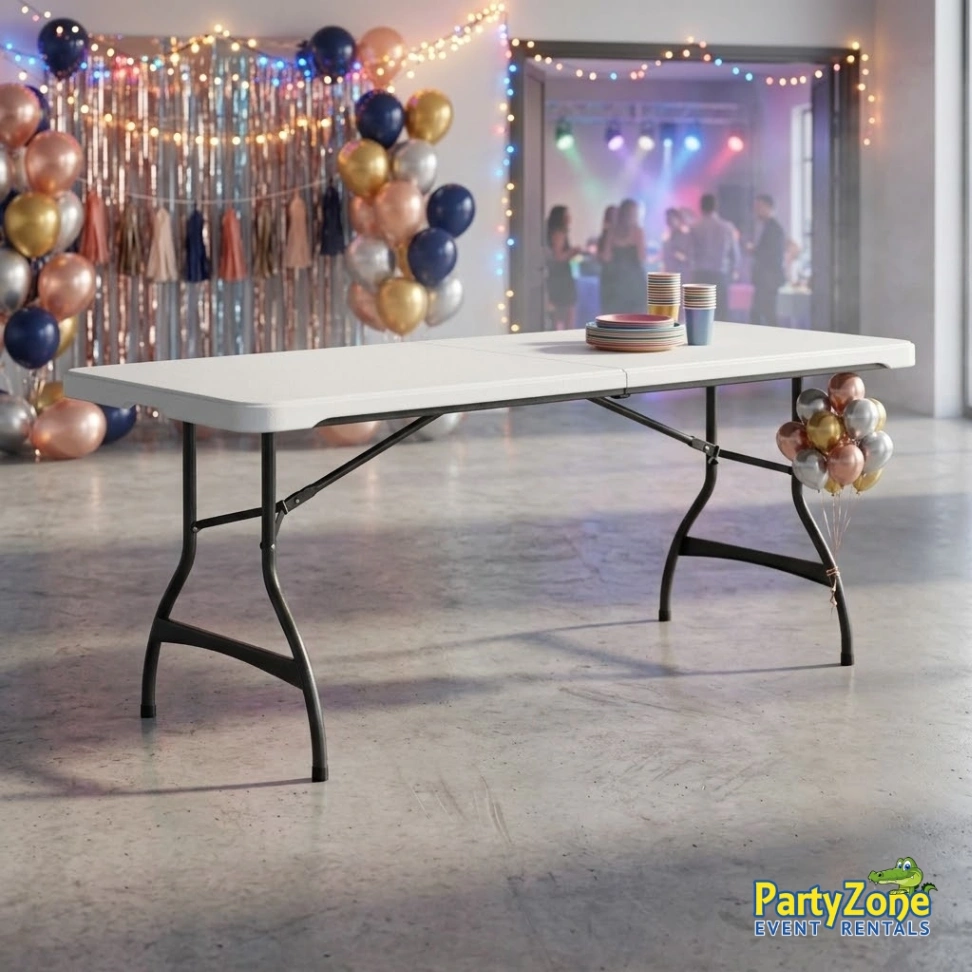 6ft folding table rental for Harahan LA graduations, receptions, and church events, seats eight