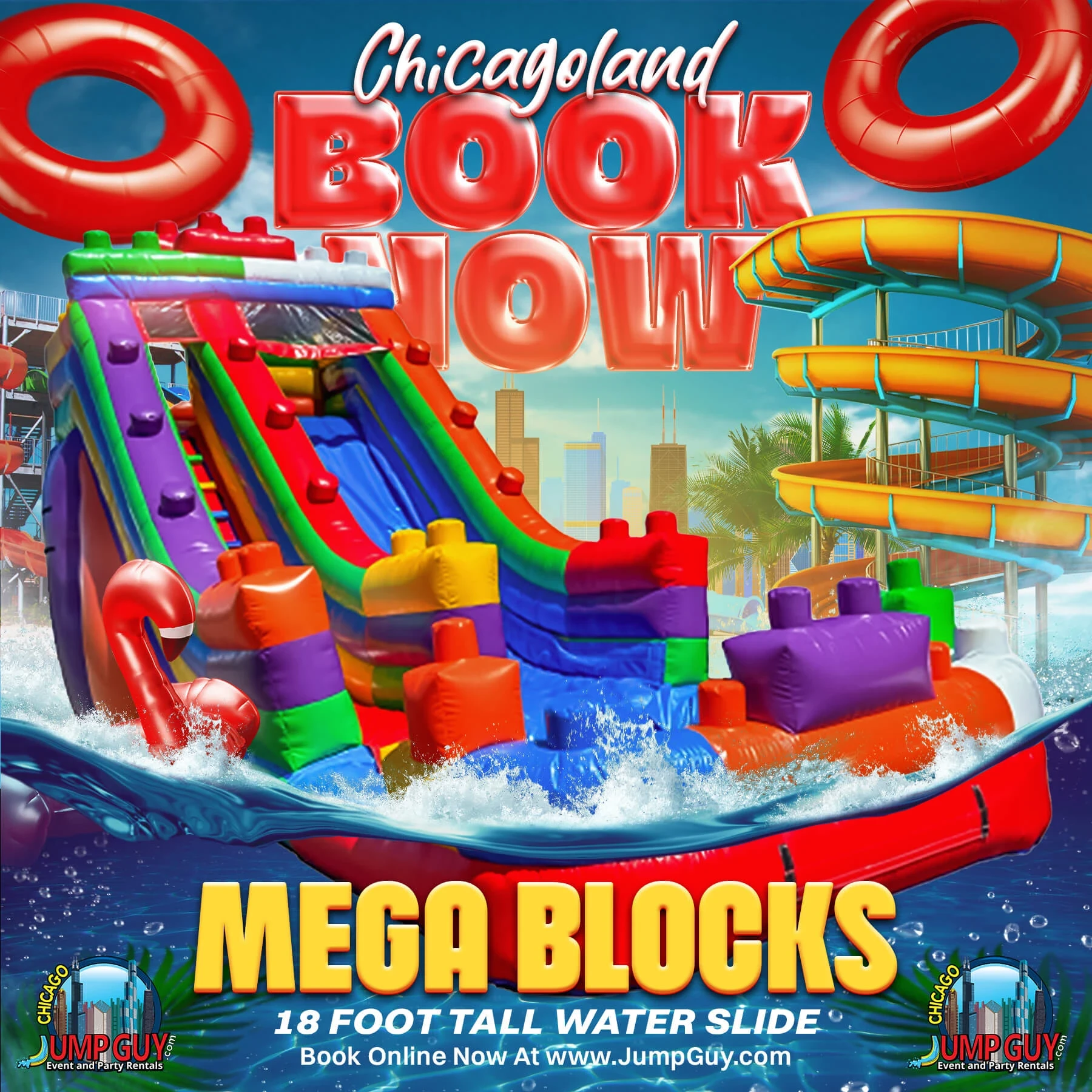 18-foot Mega Blocks inflatable water slide rental for parties in Wheaton IL